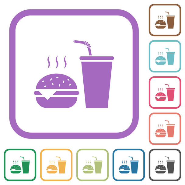 Menù fast food con cheeseburger e bevande solide icone semplici a colori cornici quadrate arrotondate su sfondo bianco - Vettoriali, immagini