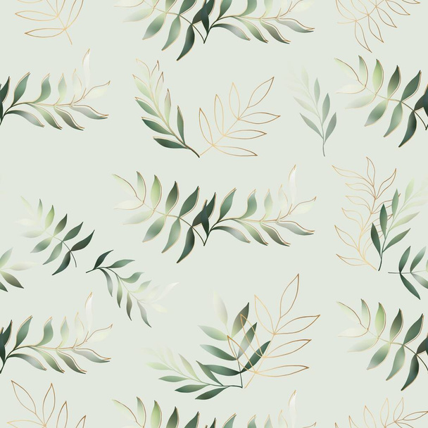 Leaves and branches vector seamless pattern. Brush leaves and twigs. Olive branch modern ornament. Black ink texture with foliage. Hand drawn eucalyptus, laurel twig. Abstract plant motif - Vecteur, image