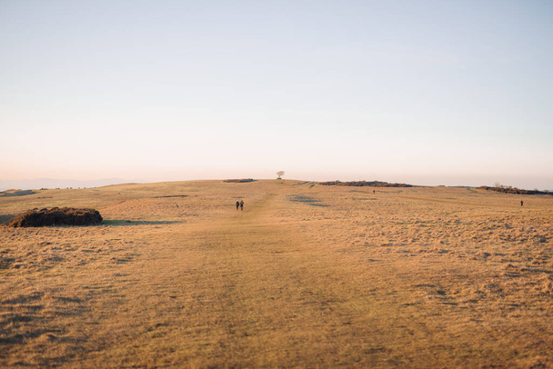 A scenic view of a couple walking on a vast dryland during sunset - Zdjęcie, obraz