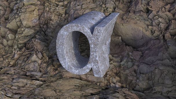 An illustration of Greek letter alpha from tridimensioanl concrete over a rock background - Фото, зображення