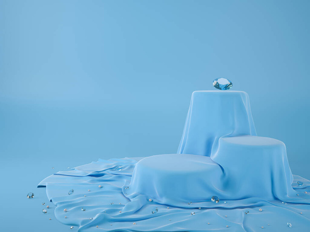 3D иллюстрация синей ткани трибуны с жемчугом и голубым драгоценным камнем для витрины продукта, рабочего пути или дорожки для обрезки включены - Фото, изображение