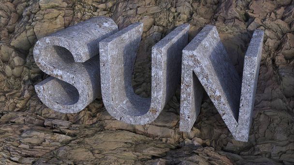A 3D rendering of SUN concrete letters on rock background - Zdjęcie, obraz