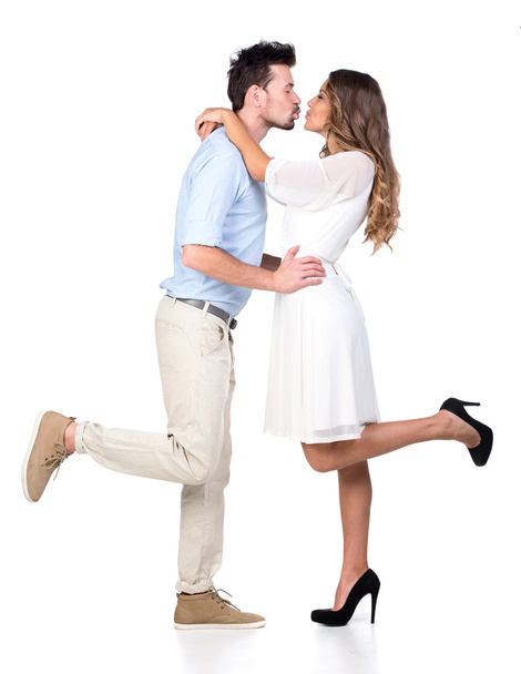 Beautiful couple in love kissing, isolated on white background - Φωτογραφία, εικόνα