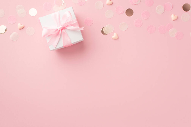 Baby girl concept. Top view photo of white giftbox with ribbon bow hearts and shiny confetti on isolated pastel pink background with empty space - 写真・画像