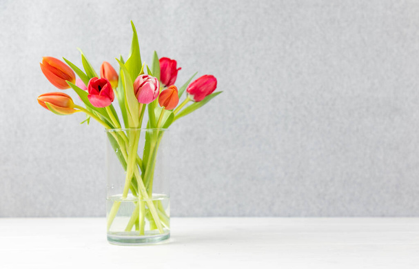 A closeup shot of colorful tulips in a vase against the gray background - Valokuva, kuva