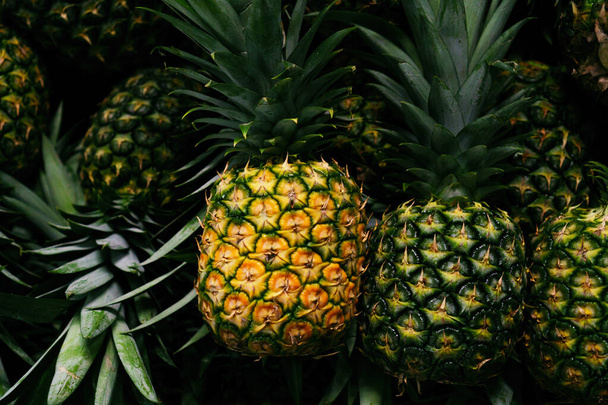 A closeup shot of fresh pineapples on the dark background - Foto, Imagen
