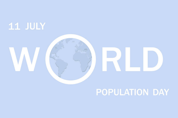 Slavnostní prapor Světového dne obyvatelstva. Slaví se každý rok 11. července. Mapa světa na modrém pozadí a text. Plakát, blahopřání, šablona brožury. - Vektor, obrázek