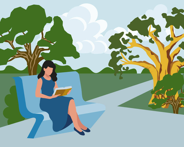 Une jeune femme lit un livre dans le parc sur un banc. La fille se repose dans la nature. Illustration, vecteur - Vecteur, image
