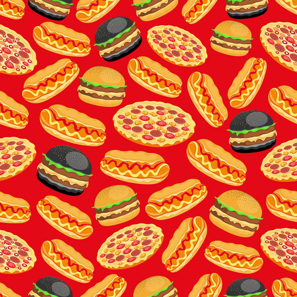 Pikaruokaa, joka on esitetty runsaasti, saumaton kuvio, vektori kuvio, hampurilainen, hot dog, iso pizza, pikaruokaa - Vektori, kuva