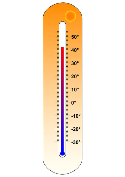 Higany hőmérő, meleg hőmérséklet. Vektor illusztráció, sárga és fehér háttér - Vektor, kép