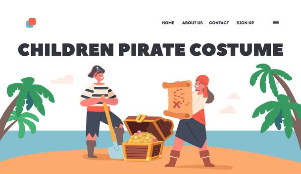 Dětské piráti kostým Přistávací stránka šablona. Kids Buccaneers skrývá kořist v kufru na ostrově, Funny Boy a dívky postavy v Picaroon obleky s pokladnicí. Vektorová ilustrace kreslených osob - Vektor, obrázek