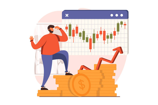 Stock market web concept in flat design. Businessman analyzing trends, global trading, invests money, creates success financial strategy and increases income. Vector illustration with people scene - Vector, Image