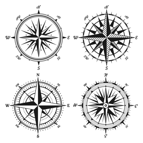 Vintage morska róża wiatrów, karta żeglarska. Monochromatyczny kompas nawigacyjny z kardynalnymi kierunkami północy, wschodu, południa, zachodu. Położenie geograficzne, kartografia i nawigacja. Ilustracja wektora - Wektor, obraz