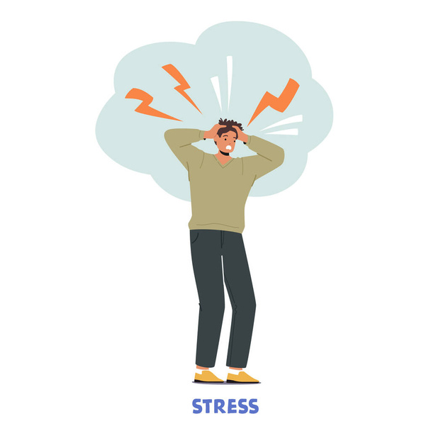 Stress, Despair, Frustration, Life Problems Concept. Young Desperate Man Holding Head with Sparkling Lightnings above. Male Character Troubles, Headache, Disease. Cartoon Vector Illustration - Vector, Image