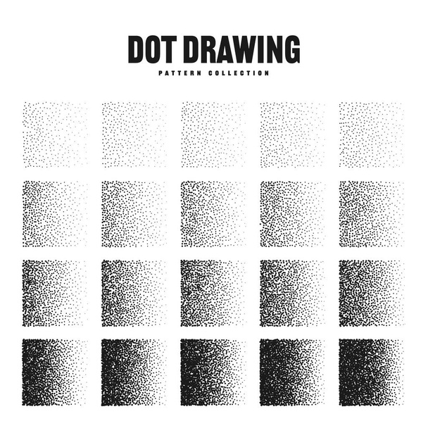 Square shaped dotted objects, stipple elements. Stippling, dotwork drawing, shading using dots. Pixel disintegration, halftone effect. White noise grainy texture. Fading gradient. Vector illustration. - ベクター画像