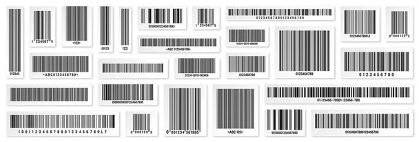 Ensemble de codes-barres de produits. Code de suivi d'identification. Numéro de série, identifiant du produit avec informations numériques. Étiquettes d'analyse de magasin ou de supermarché, étiquette de prix. Illustration vectorielle - Vecteur, image