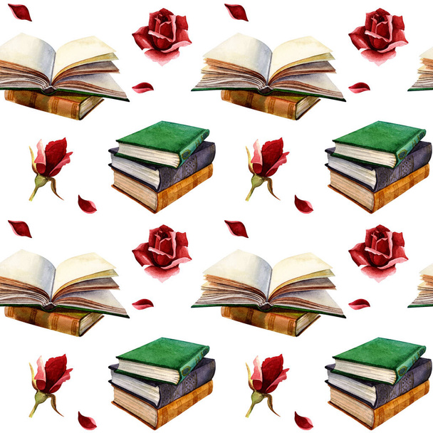 Waterverf naadloos patroon met boeken, rozen en bloemblaadjes. Ontwerp voor scrapbooking, wikkelpapier, textielprints, behang, achtergronden. Met de hand getrokken - Foto, afbeelding