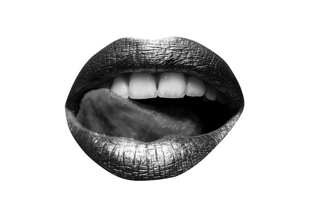 Red lips, mouth and tongue icon. Poster and banner of open mouth. Close-up woman licking lips. Female sexy mouth with tongue - 写真・画像