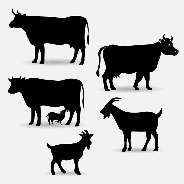 Sbírka siluetových vektorových ilustrací krávy a kozy. - Vektor, obrázek