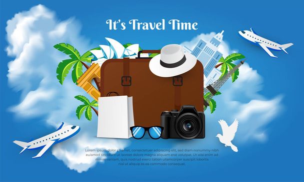 Es diseño del tiempo de viaje con el cielo azul, plano, sombrero e ilustración del vector del equipaje. fondo del día mundial del turismo - Vector, imagen