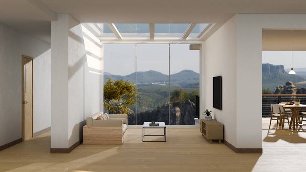 Moderní luxusní prostorný přístřešek obývací pokoj design interiéru s pohodlnou pohovkou, konferenční stolek, TV skříň, TV na zdi a velké skleněné okno s výhledem na hory. 3D vykreslování, 3D ilustrace - Fotografie, Obrázek