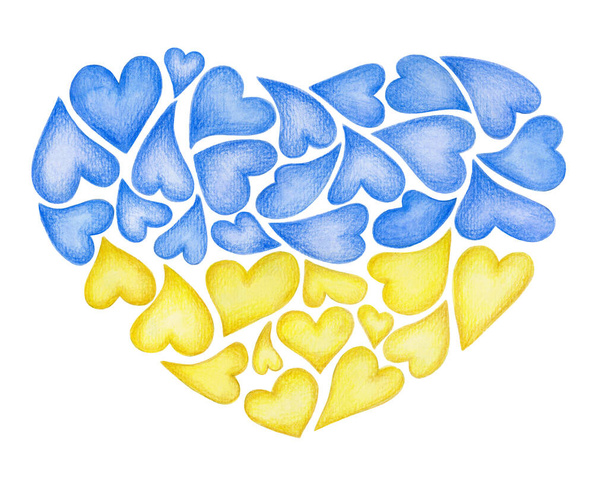 Kształt serca wykonany w symbolicznej ukraińskiej kolorystyce, niebieski i żółty, odizolowany na białym tle. Ilustracja akwarela. - Zdjęcie, obraz