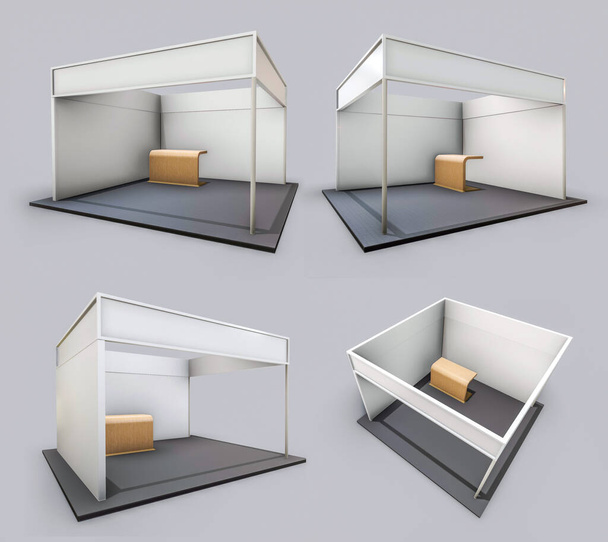 White and Blank Booth., 3d render isolated on white background. Шаблон объявлений высокого разрешения для дизайна выставки
. - Фото, изображение