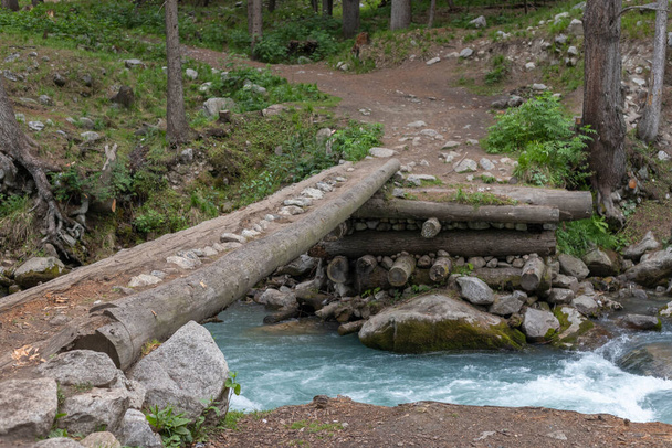 Túraútvonal a Kumrat erdőben egy fatörzset használva hídként a Panjkora folyón való átkeléshez - Fotó, kép