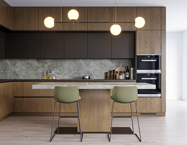 modern kitchen with wooden cabinet and dark color interior 3d render  - Fotografie, Obrázek