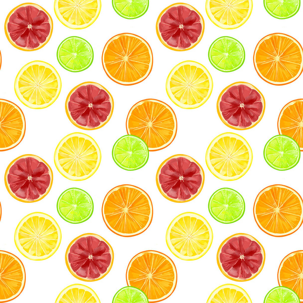 Nahtloses Muster mit Zitrusfrüchten mit Orange, Grapefruit, Zitrone und Limette auf weißem Hintergrund. - Vektor, Bild