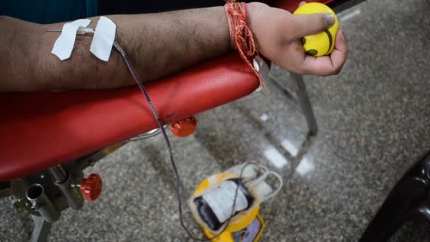 Doador de sangue no campo de doação de sangue realizada com uma bola saltitante segurando na mão no Templo Balaji, Vivek Vihar, Delhi, Índia. Também imagem conceitual para o dia mundial do doador de sangue em 14 de junho todos os anos - Filmagem, Vídeo