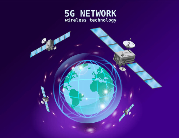 5Gネットワーク高速データ伝送衛星通信の世界的なインターネット技術。衛星は地球上で宇宙無線技術で軌道を飛行する。ベクトル分離図 - ベクター画像