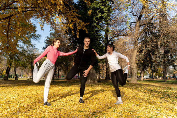 Tre amici incredibili e attraenti si allungano insieme e sorridono nel parco - Foto, immagini