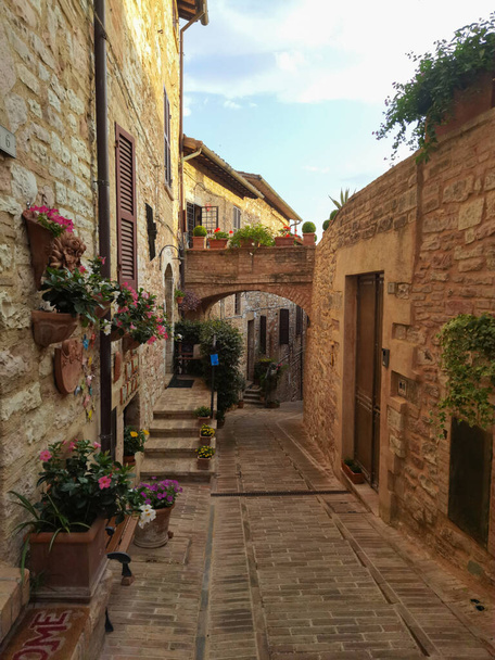 SPELLO, ITALY - JUNE 25, 2022: Scenic sight in Spello, flowery and picturesque village in Umbria, province of Perugia at the end of the summer day, Italy, Europe - Foto, Imagen