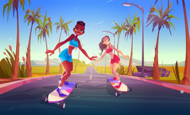 Happy girls riding on skateboard on road. Vector cartoon illustration of summer landscape with mountains, green palm trees, highway and young african american and caucasian women skater on longboard - Vector, imagen