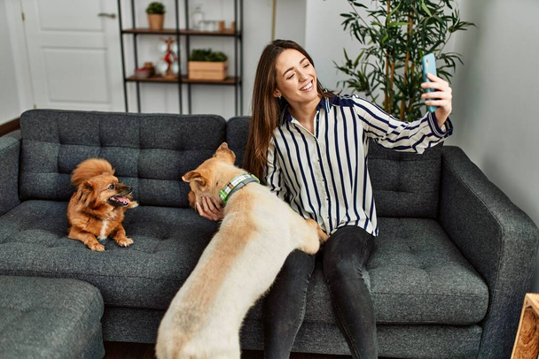 Young hispanic woman make selfie by the smartphone sitting on sofa with dogs at home - Foto, immagini