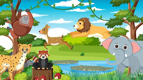 Милые дикие животные на лесной иллюстрации - Вектор,изображение