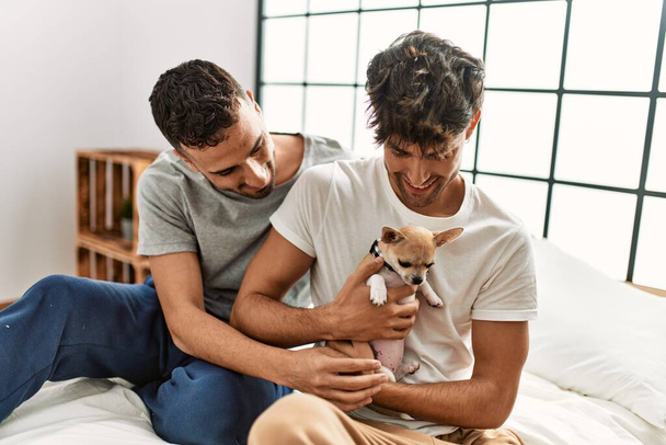 Two hispanic men couple hugging each other sitting on bed with chihuahua at bedroom - Foto, Imagen