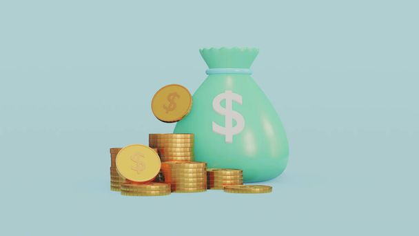 Velké peníze zelené dolar peníze taška se zlatou mincí stohování pro finanční úspory, dividendy a vklad koncept 3d vykreslení ilustrace. - Fotografie, Obrázek