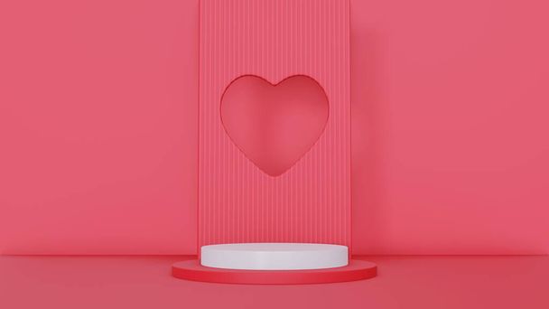 3D gerçekçi, kırmızı ve beyaz, 3D silindir şeklindeki, kalp şeklinde arka planı olan bir podyum. Ürünleri sergilemek, tanıtım yapmak için en az Valentine sahnesi. Soyut stüdyo platform tasarımı - Fotoğraf, Görsel