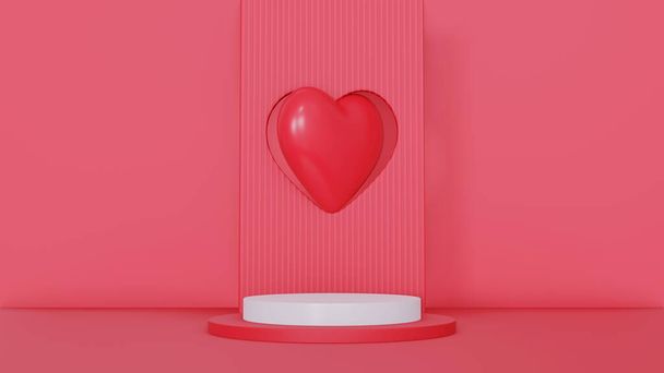 3d render realistic red and white 3D cylinder pedestal podium with window heart shape background. Valentine minimal scene for products showcase, Promotion display. Abstract studio room platform design - Photo, Image