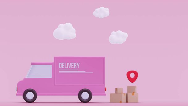 Koncepcja pudełek z papierem. Dostawa ciężarówki i Pin wskaźnik lokalizacji dostawy logistyki transportu koncepcja na różowym tle 3d renderowania ilustracji - Zdjęcie, obraz