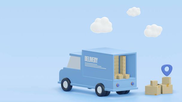 Pojem dodávka papírových krabic. Dodávka zásilek kamionem a ukazovátkem místo dodání dopravní logistika koncept na modrém pozadí 3d vykreslování ilustrace - Fotografie, Obrázek
