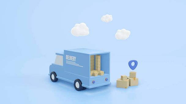 Koncepcja pudełek z papierem. Dostawa ciężarówki i Pin wskaźnik lokalizacji dostawy logistyki transportu koncepcja logistyki na niebieskim tle 3d renderowania ilustracji - Zdjęcie, obraz