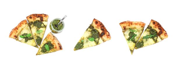Set of delicious pizza slices with pesto and cheese on white background, top view. Banner design - Zdjęcie, obraz