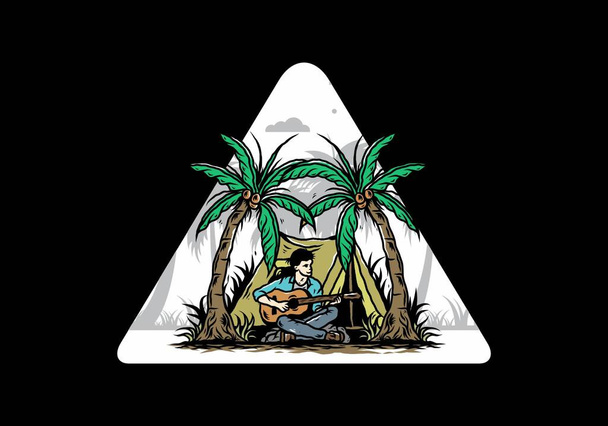 Illustrazione di un uomo con la chitarra davanti alla tenda tra alberi di cocco - Vettoriali, immagini