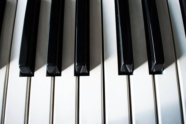 A top view of a detail of black and white piano keys - Foto, immagini