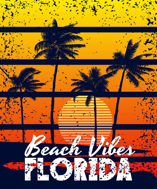 Poster Retro Florida Beach Vibes stampa tramonto. Poster grunge silhouette di palma, typorgaphy. Illustrazione vettoriale - Vettoriali, immagini