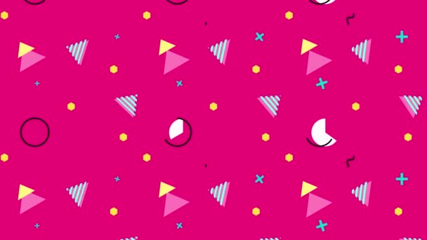 Modern object loop op roze achtergrond, minimalistische animatie in moderne stijl, rotatie beweging illustratie van driehoeken en cirkels, kleurrijke animatie voor het grafische ontwerp  - Video