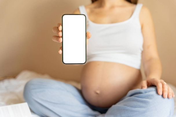 Embarazo maqueta smartphone. Mujer embarazada sosteniendo smartphone. Móvil embarazo aplicación de maternidad en línea maqueta. Concepto de embarazo, maternidad, expectativa de parto - Foto, Imagen